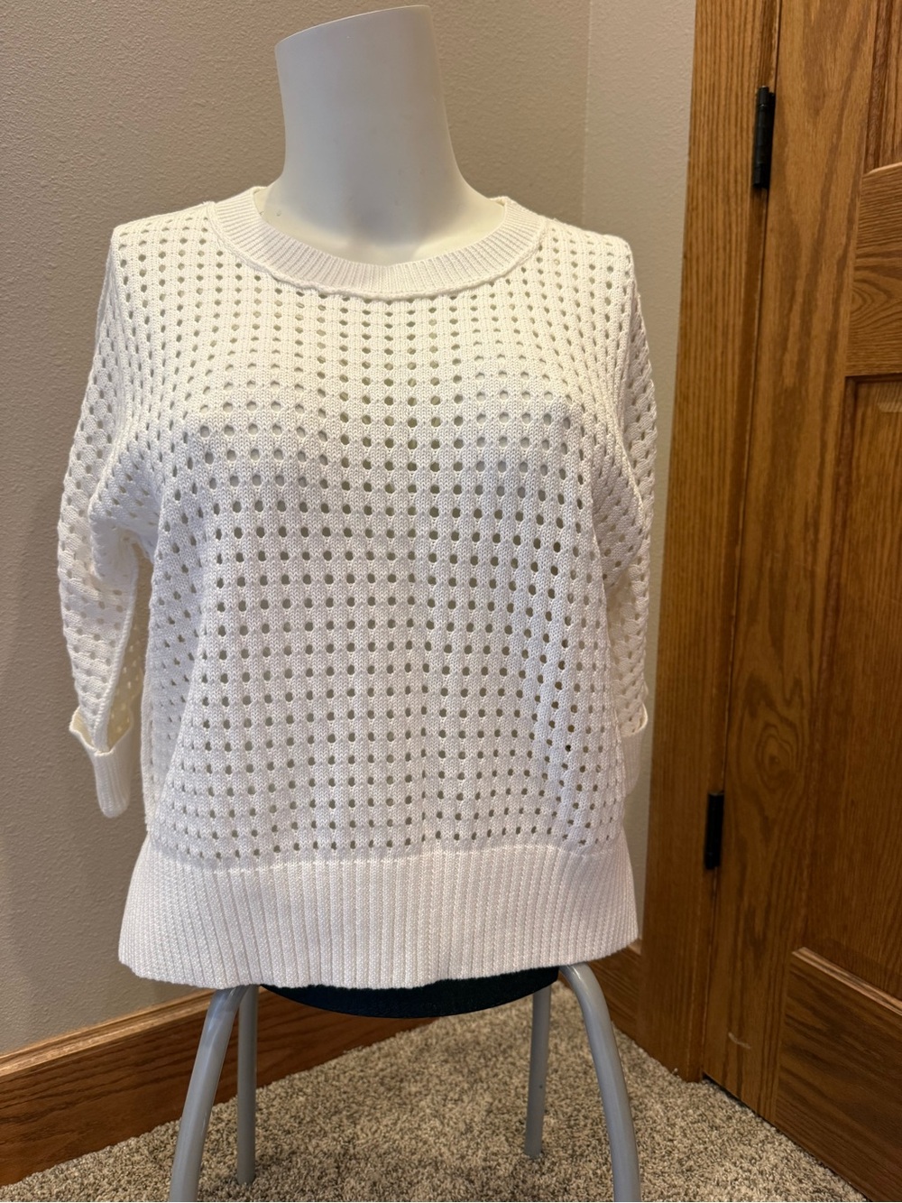 Mystree White Open-Knit Crew Neck Sweater
